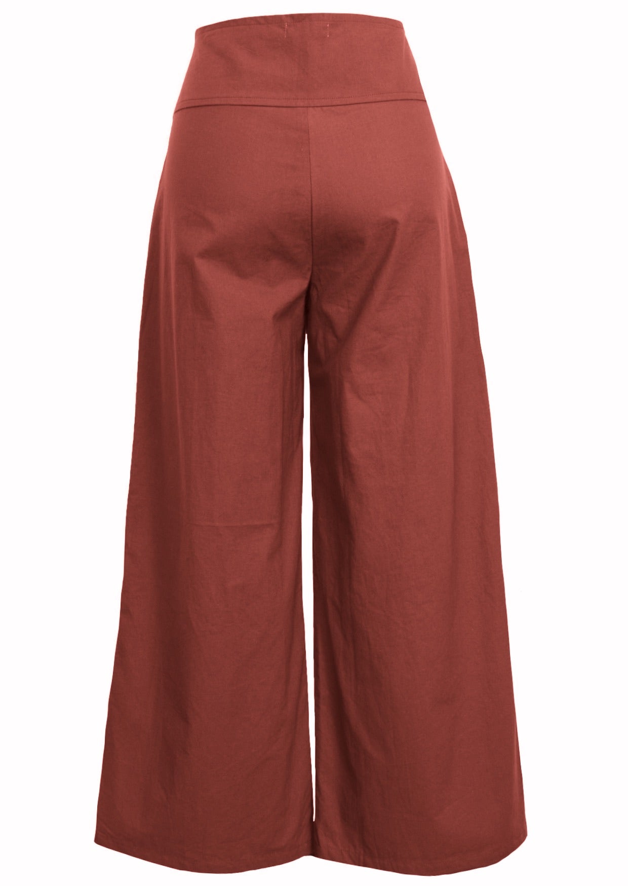 Rust coloured cotton wide-leg pants with a wide waistband