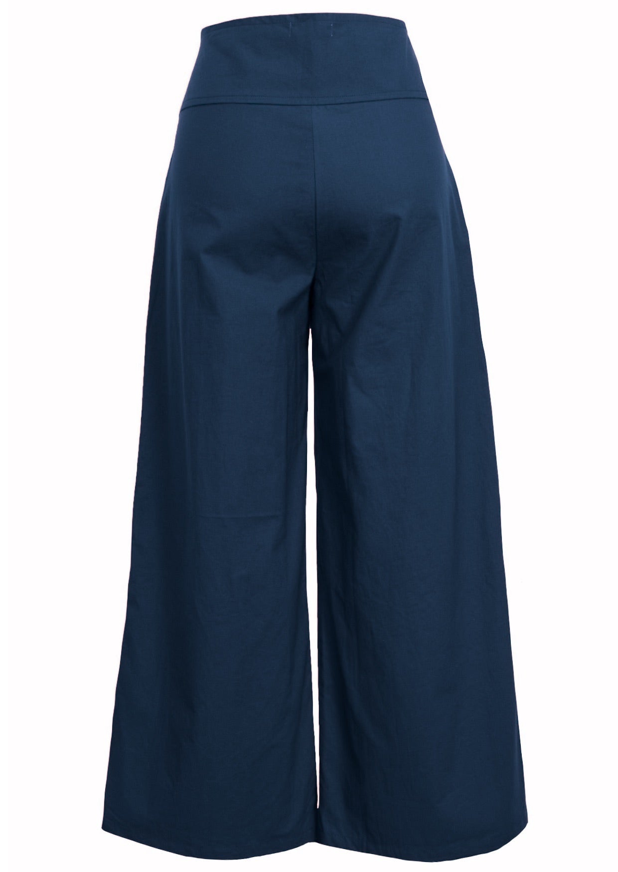 Wide-leg cotton pants in dark blue with wide waistband and side zip