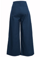 Wide-leg cotton pants in dark blue with wide waistband and side zip