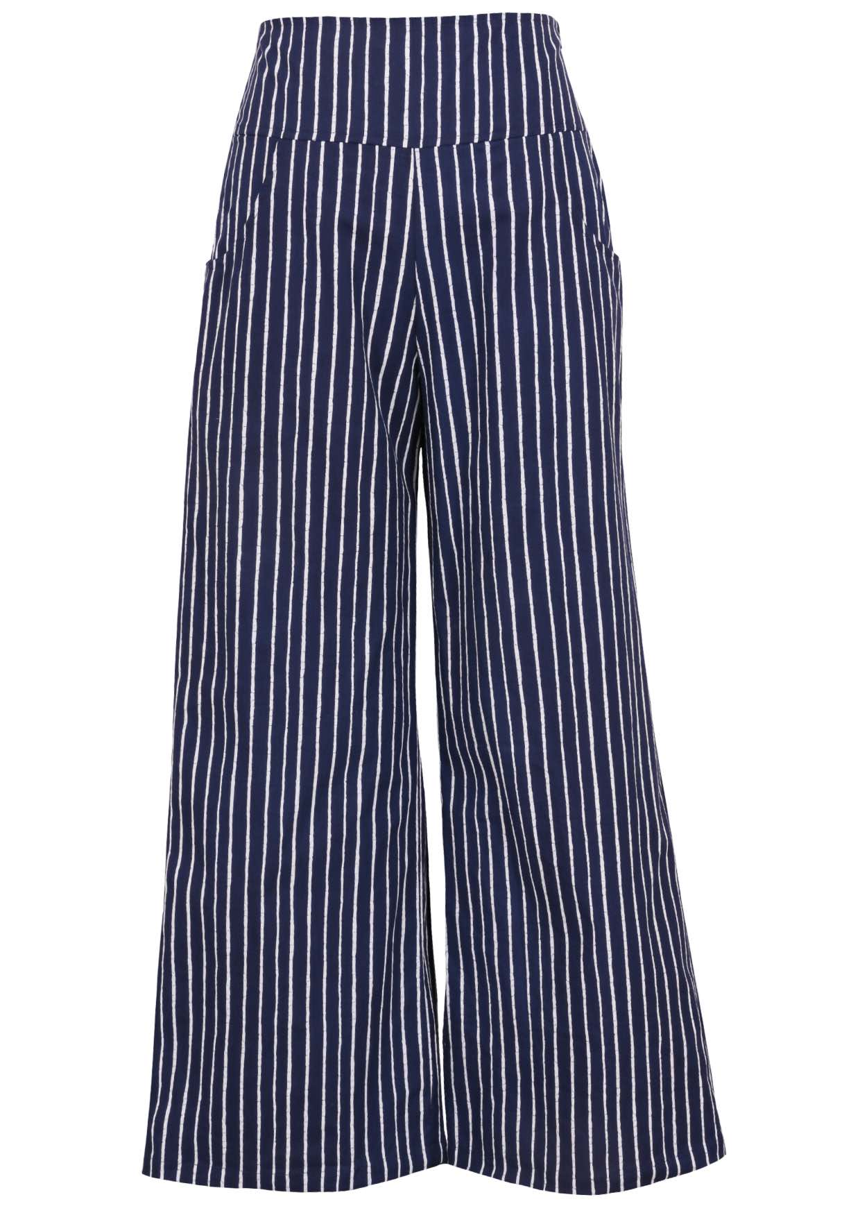 Front view of women's 100% cotton wide leg pant in navy blue based print