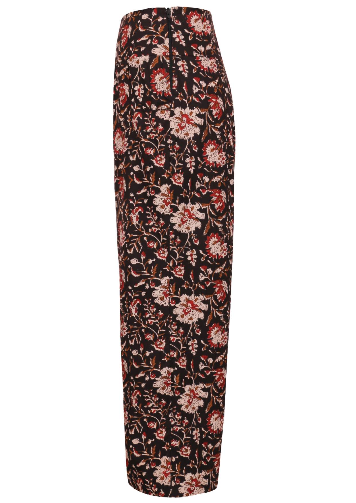 Side view of women's 100% cotton wide leg pant in black based floral print with pockets