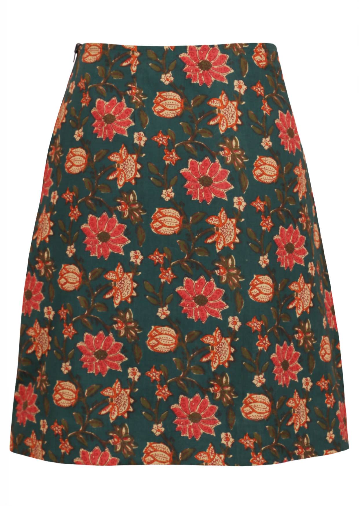 100% cotton knee length, A-line reversible skirt with side zipper.