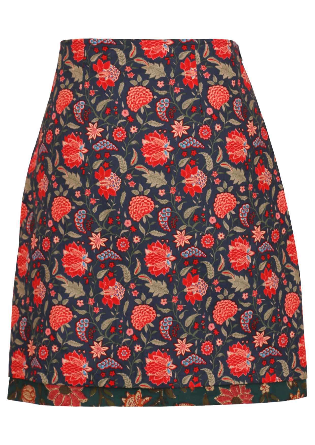 100% cotton floral printed midi reversible skirt in navy base and side zipper.
