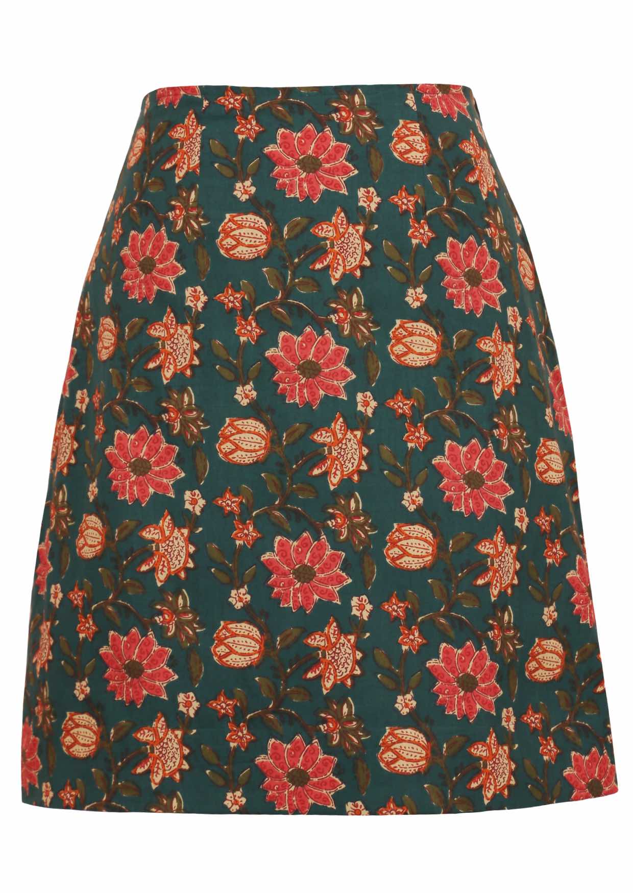 100% cotton reversible skirt with pinkish florals on deep green base.