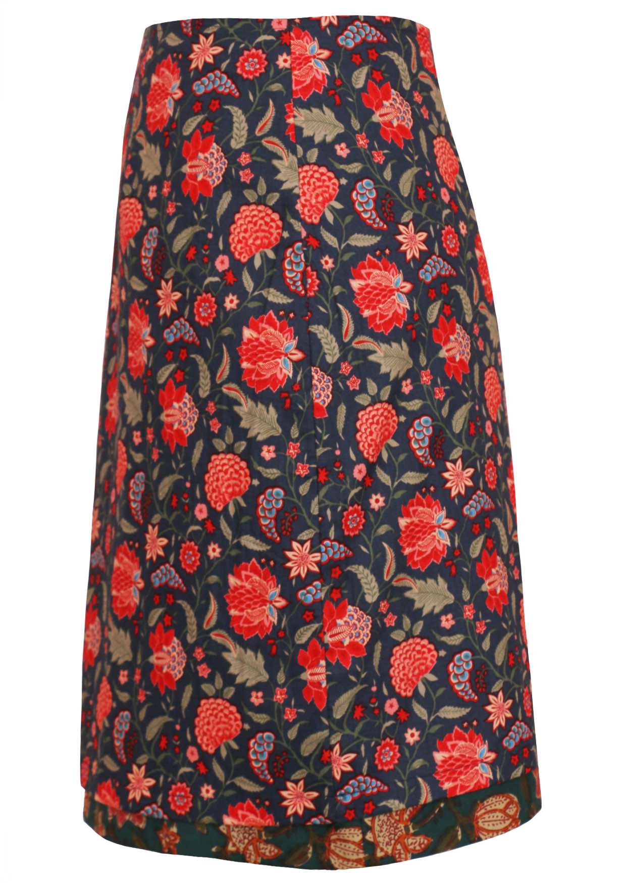 Midi length reversible skirt in vibrant red floral print with the pop of green floral printed band on the base.