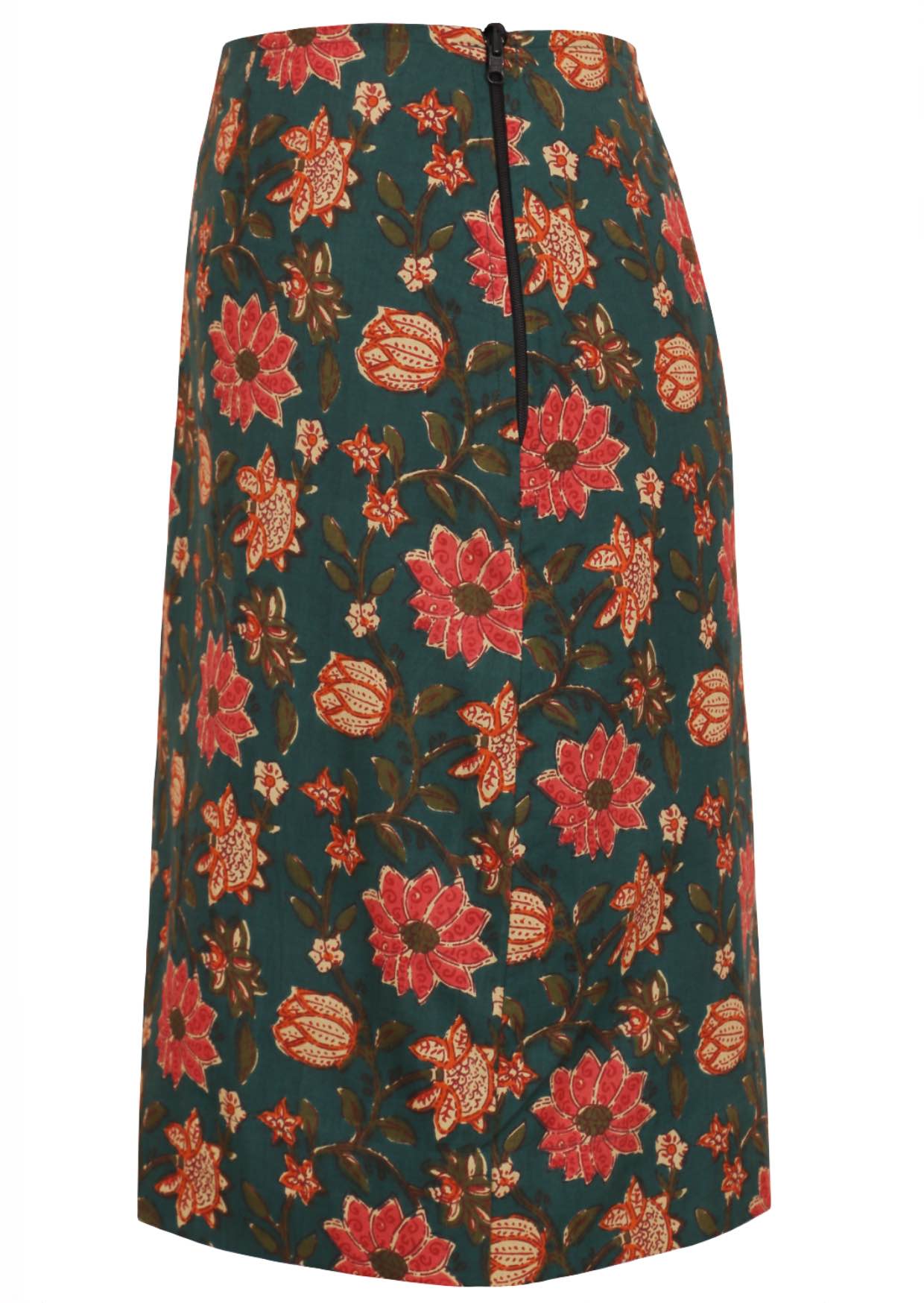 Side view of midlength 100% cotton reversible skirt in green based floral print and side zipper.
