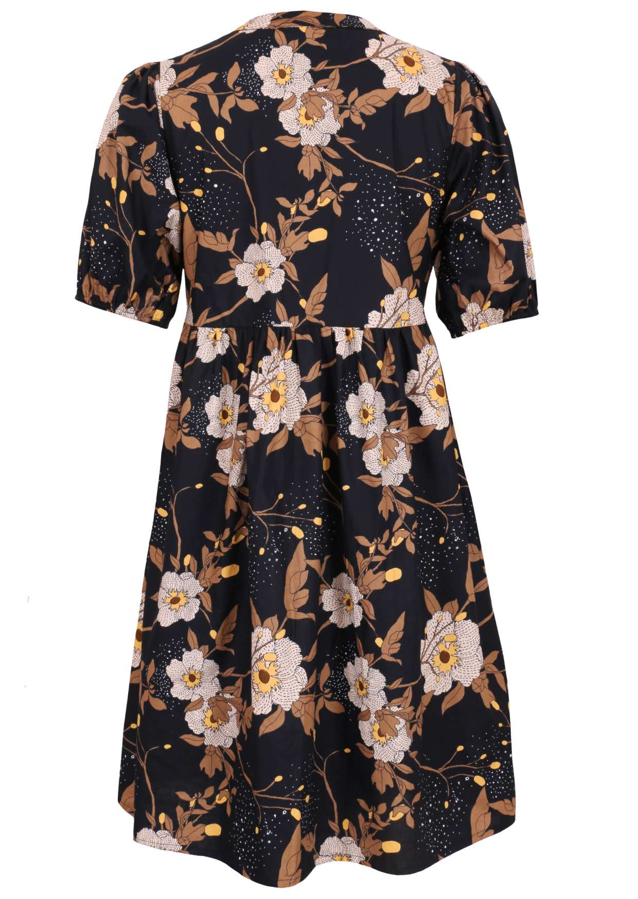 Elbow length sleeve cotton dress with black based floral print