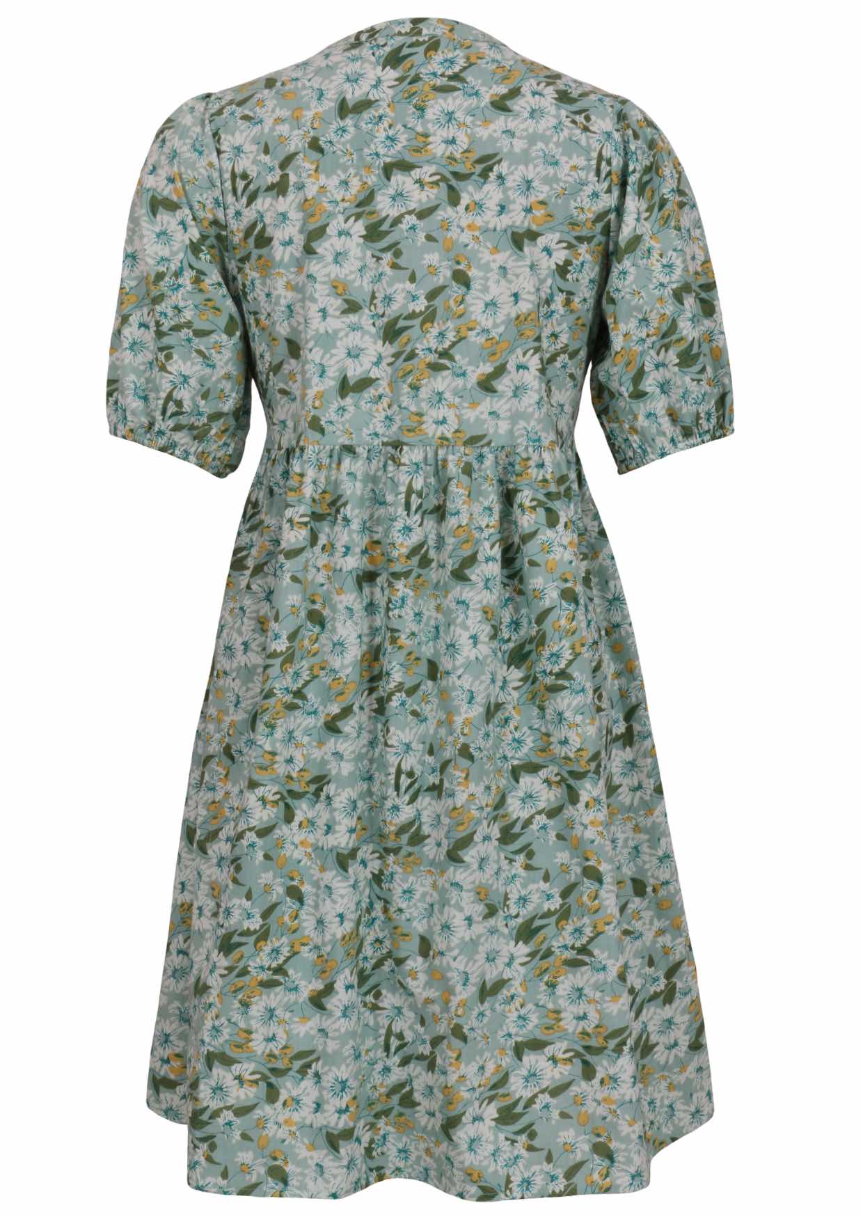 Elbow length sleeve cotton dress with sage green based floral print
