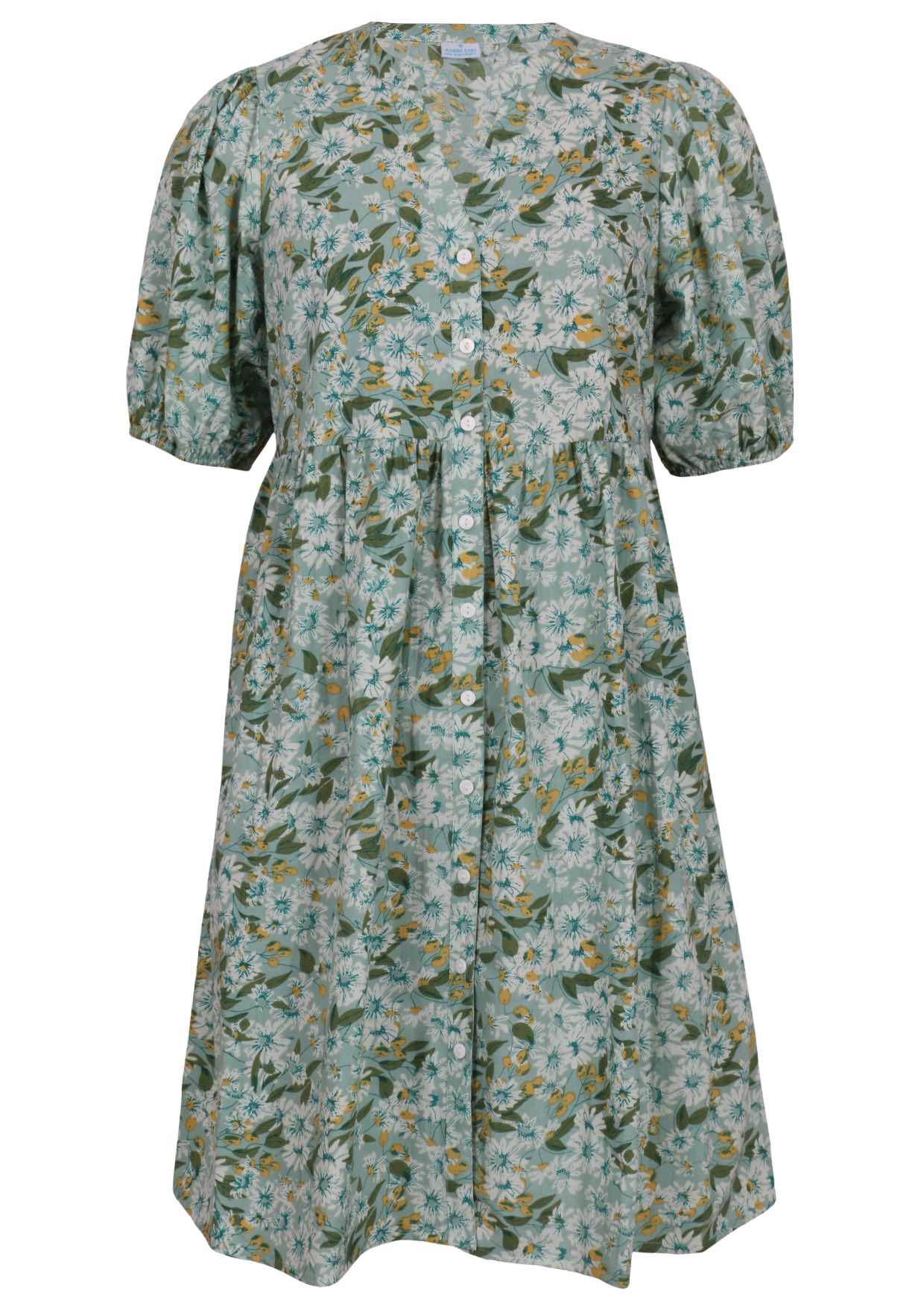 V-neck cotton dress with sage green based floral print