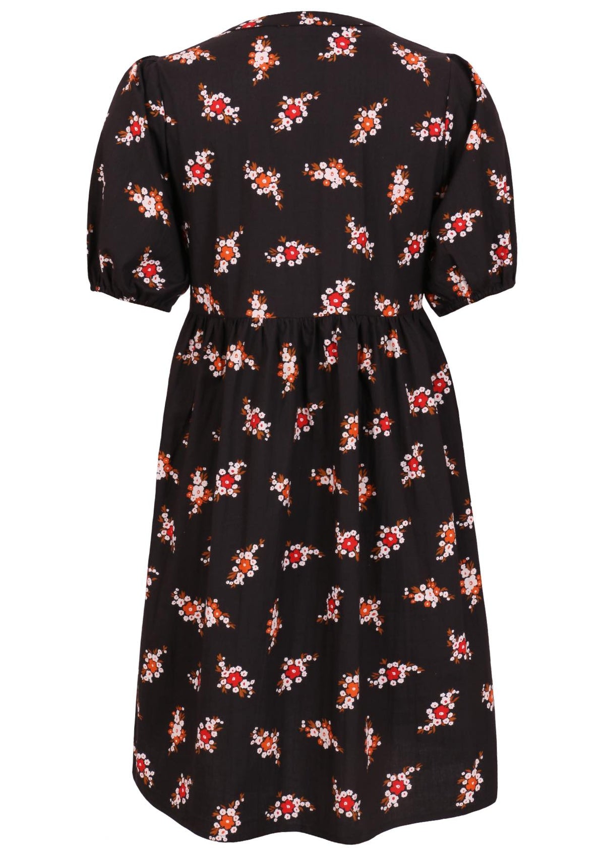 Elbow length sleeve cotton dress with black based floral print.