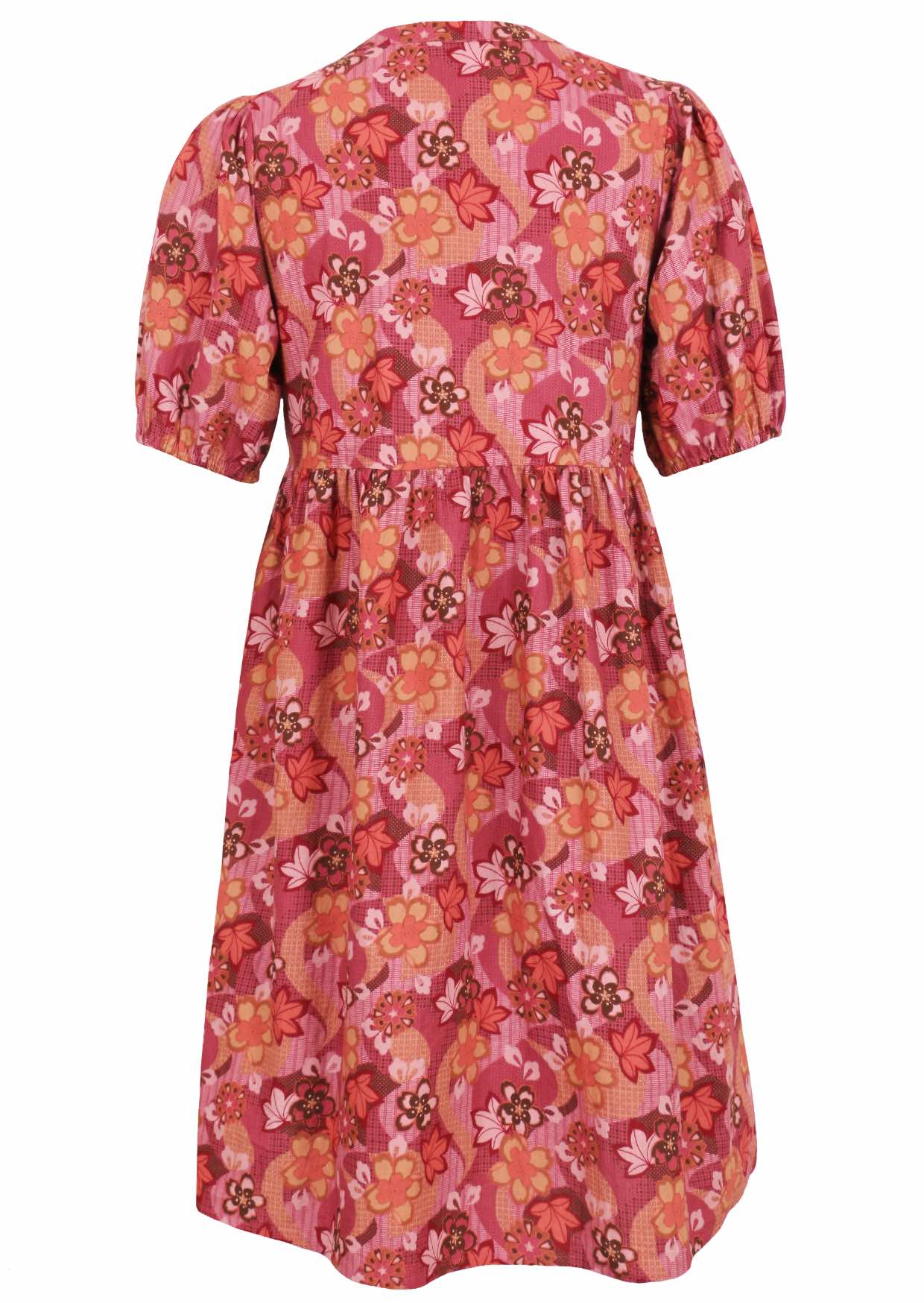 Elbow length sleeve cotton dress with Japanese-style print in pink, maroon, brown, peach, and khaki tones.
