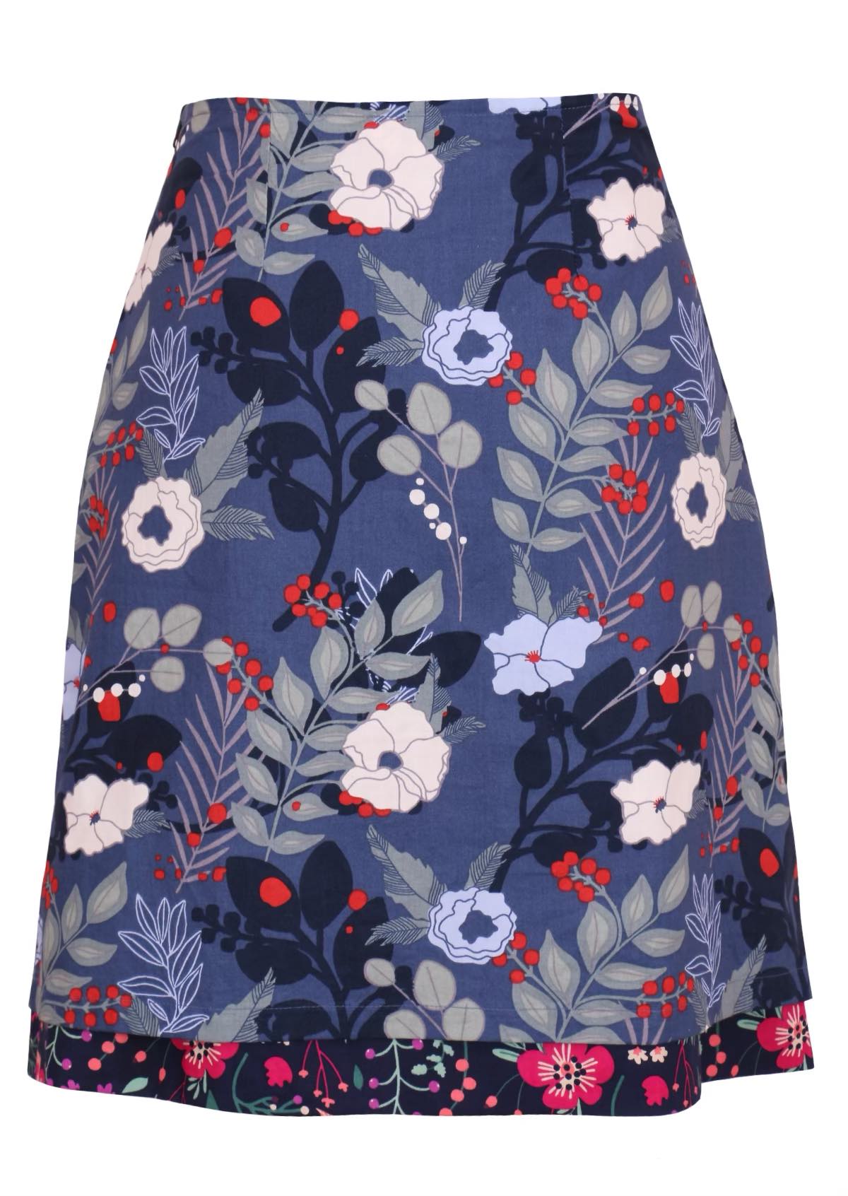 back mannequin photo of cotton reversible skirt with floral print.
