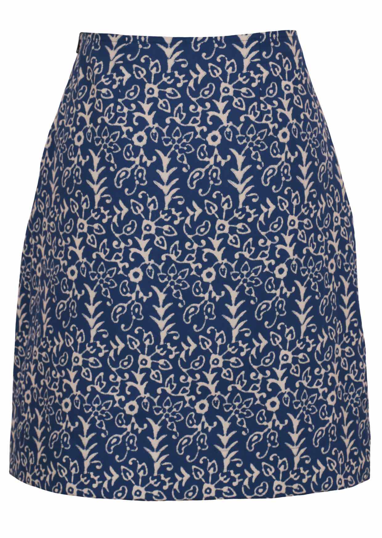 100% cotton reversible skirt with white floral print on blue base.