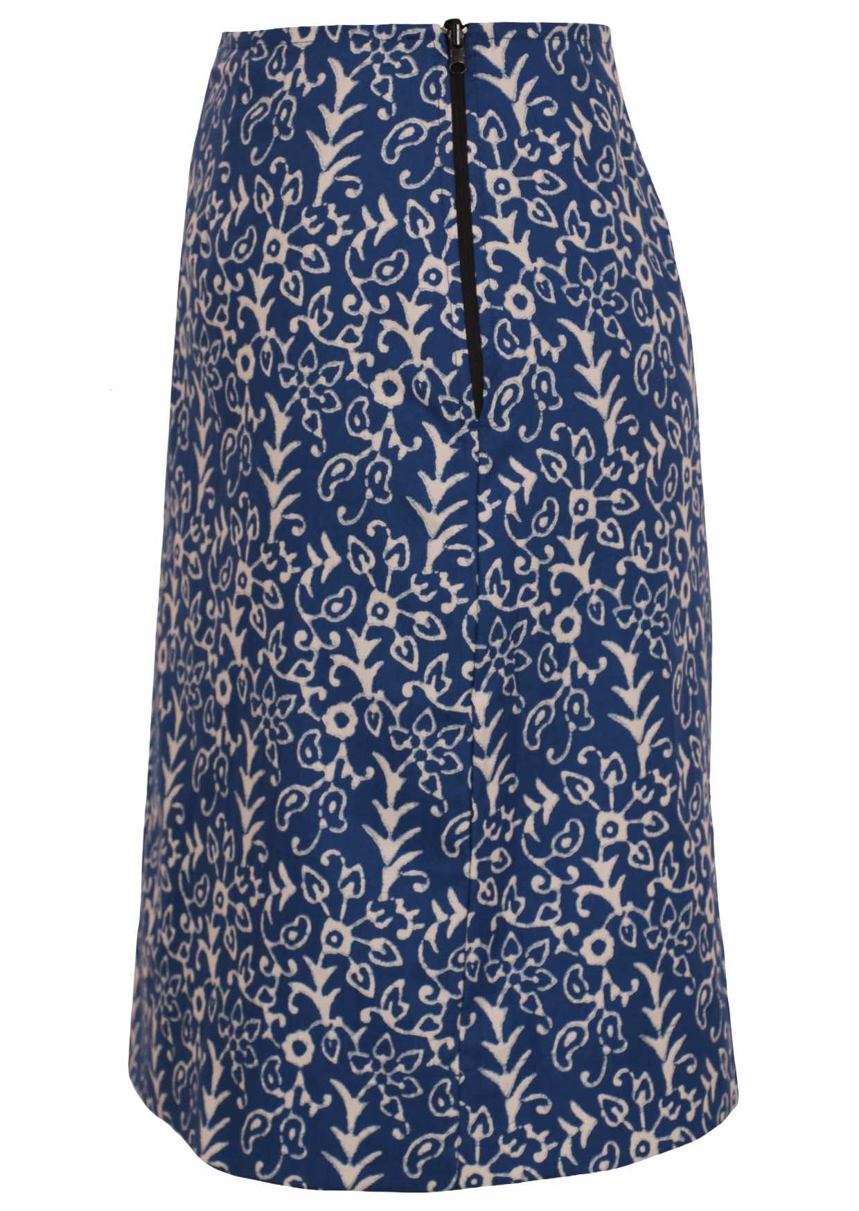 Side image of midlength cotton reversible skirt in blue based floral print with side zipper.