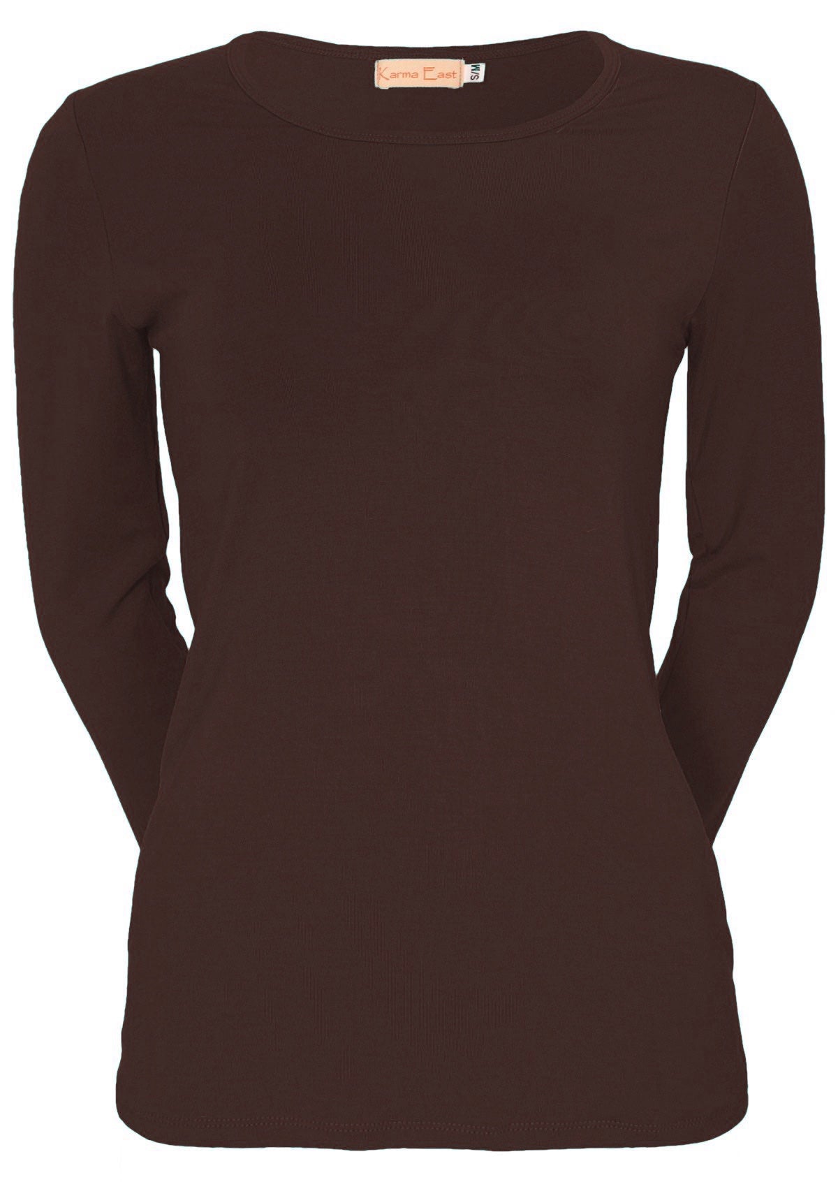Front view of long sleeve round neck soft stretch rayon top in dark brown