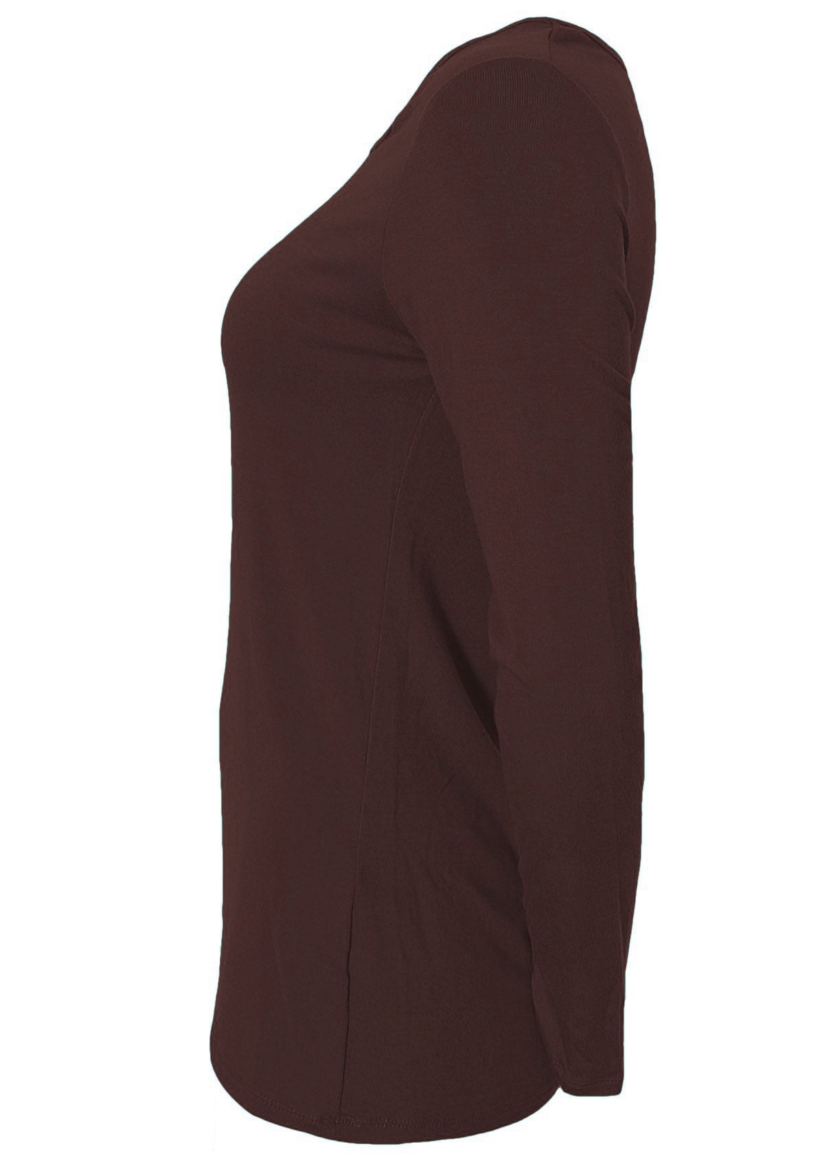 Side view of long sleeve round neck soft stretch rayon top in dark brown