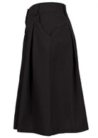 100% cotton knee length black skirt with button through front pockets and belt loops