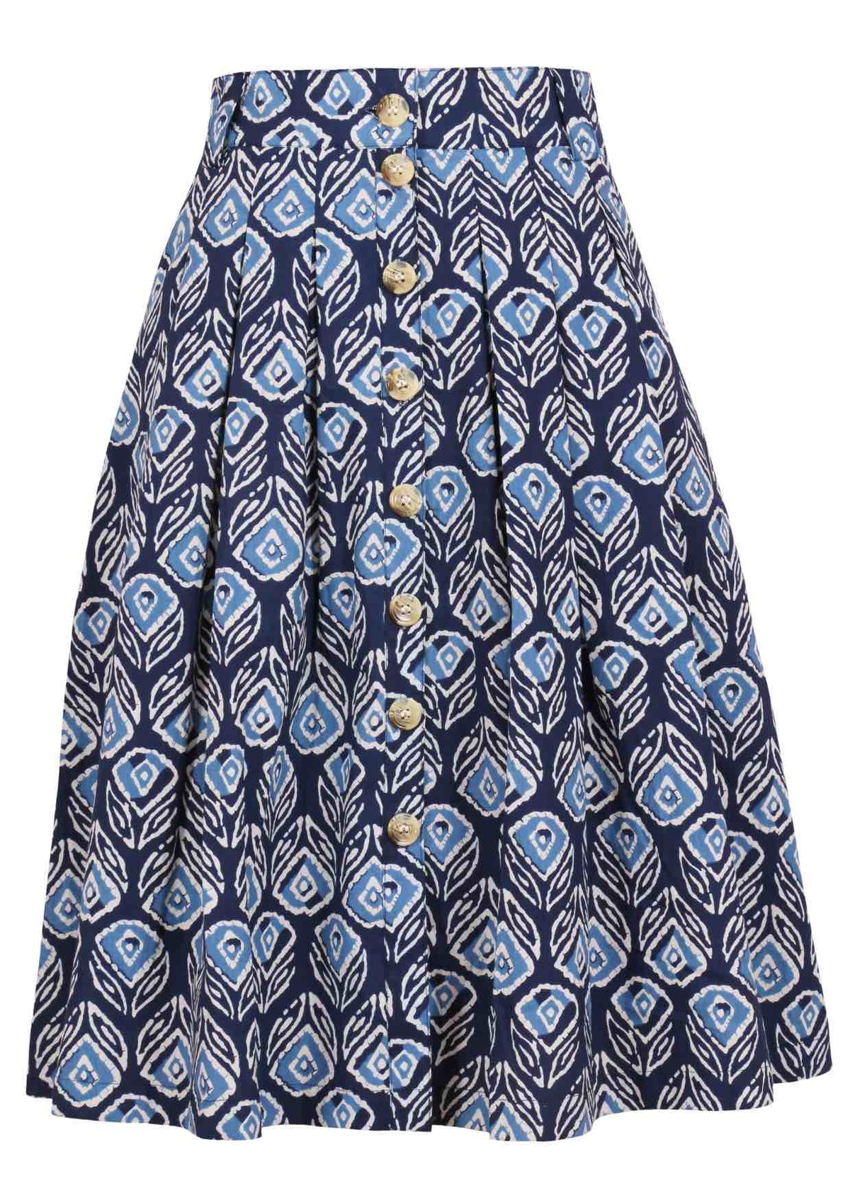 100% cotton knee length button through skirt with box pleats and belt loops in navy blue based floral print