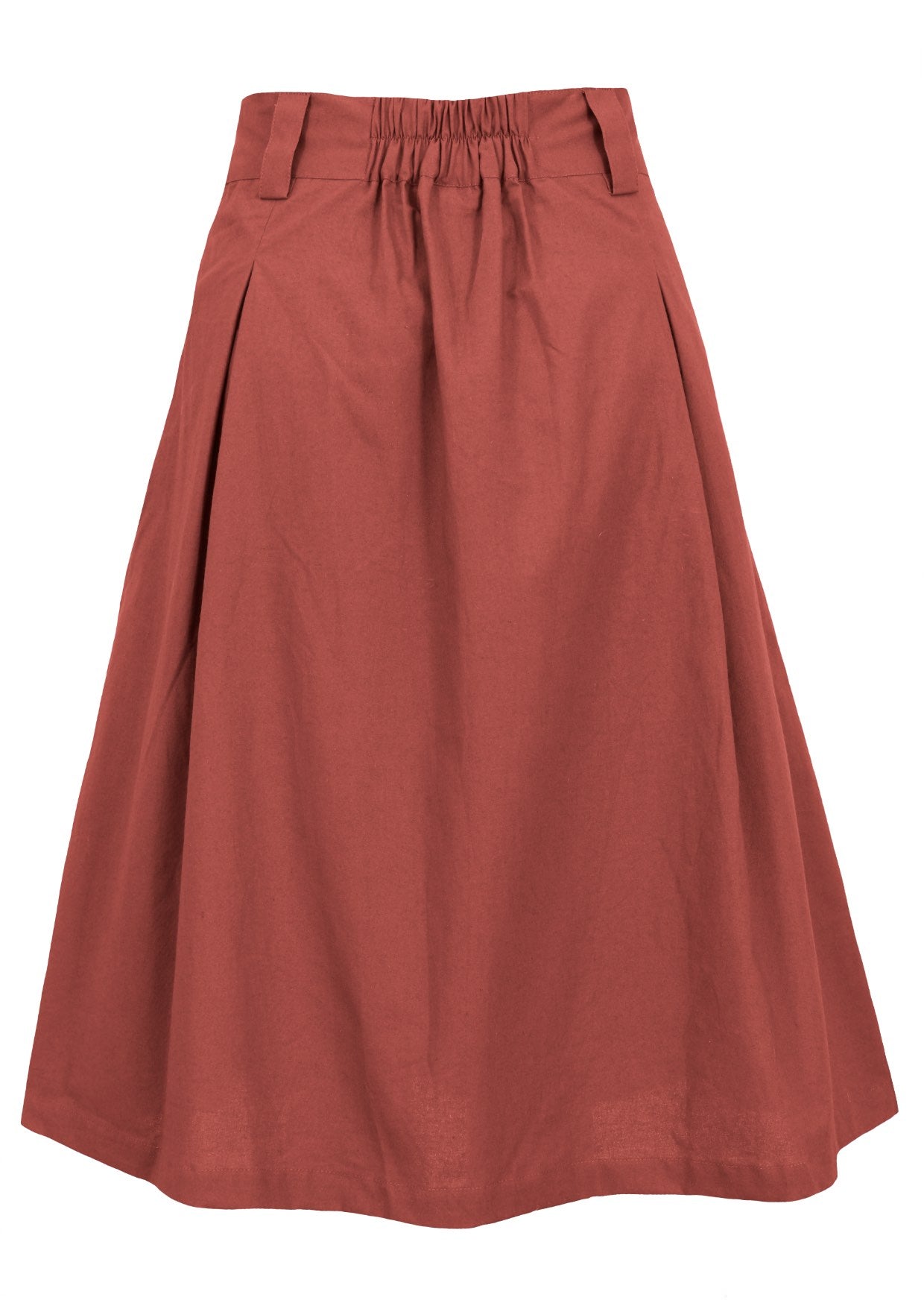 100% cotton A-line knee length skirt with belt loops, elastic at center of waist and pockets