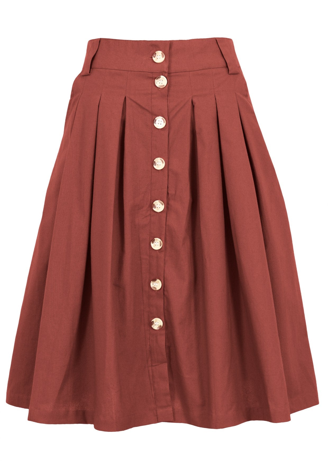 100% cotton knee length button through cotton skirt in rust shade with belt loops, box pleats and pockets