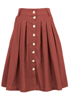 100% cotton knee length button through cotton skirt in rust shade with belt loops, box pleats and pockets