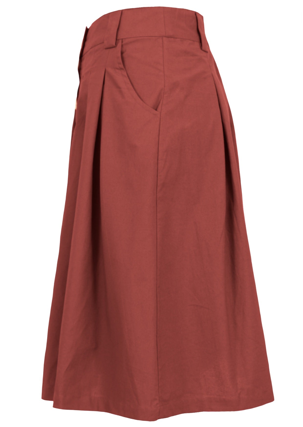 Cotton knee length skirt in burnt henna with belt loops, box pleats and pockets