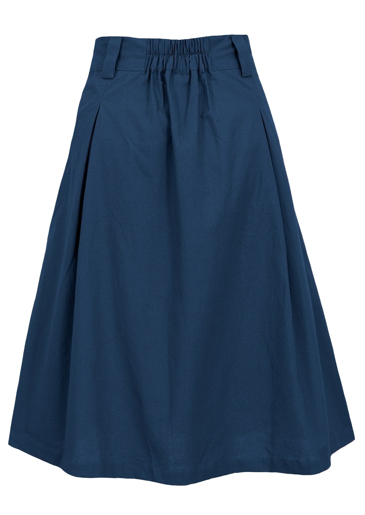 Knee length box pleated cotton skirt with belt loops and elastic at back of the waist