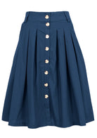 Deep sea blue knee length cotton skirt with button through front, box pleats and belt loops