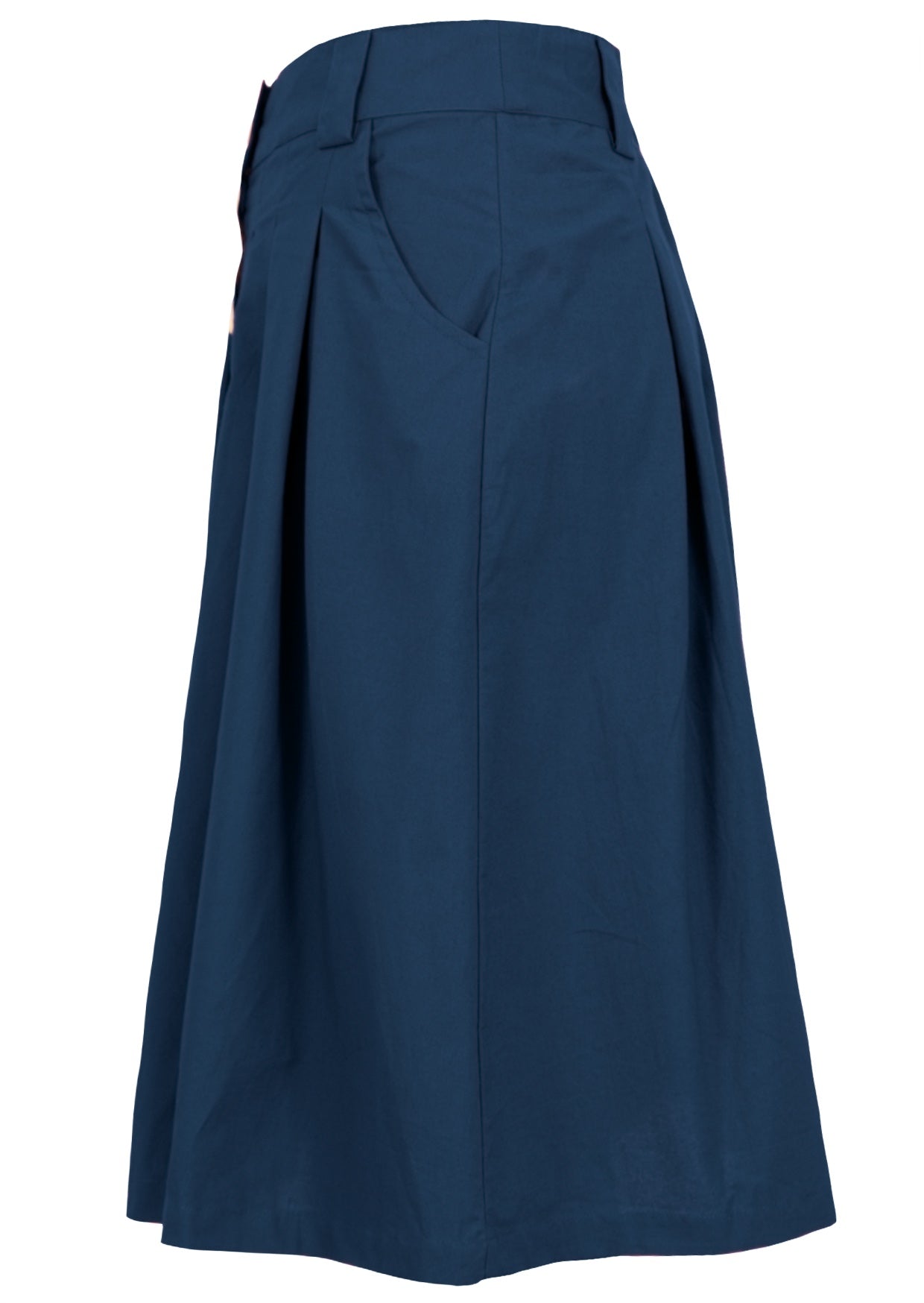 Side view of 100% cotton knee length A line skirt in dark blue with belt loops and pockets