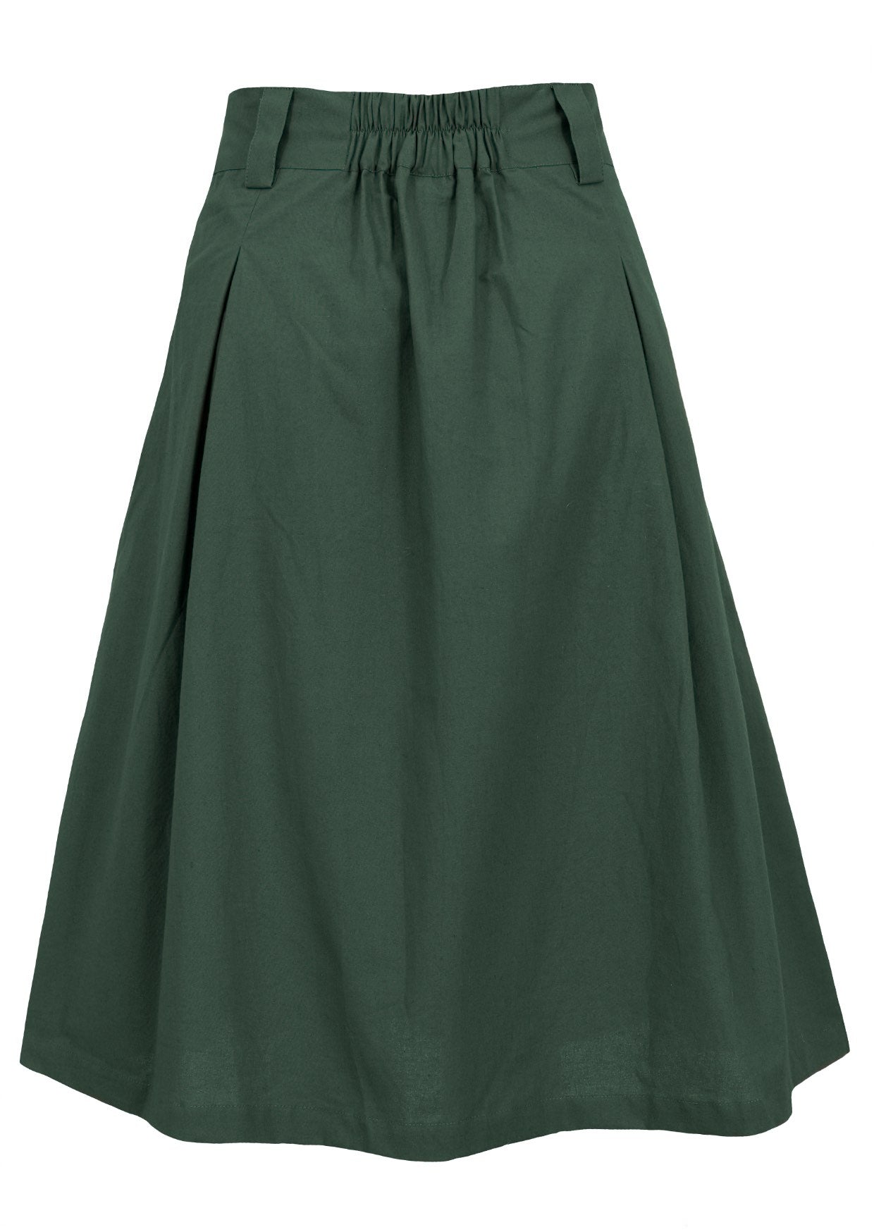 Back view of A line, knee length cotton skirt with belt loops, box pleats and elastic at center back of the waist