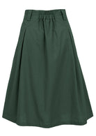 Back view of A line, knee length cotton skirt with belt loops, box pleats and elastic at center back of the waist