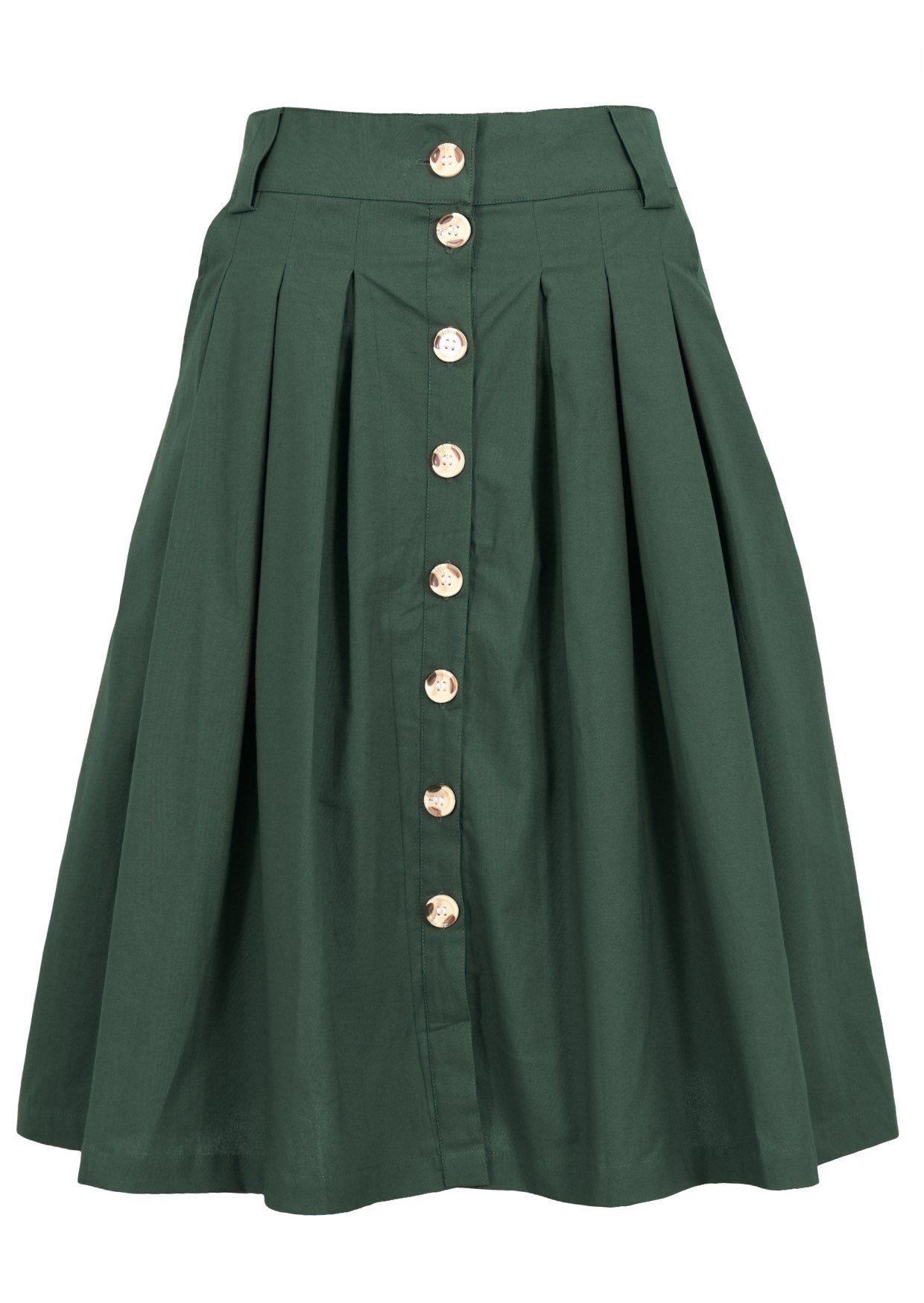 100% cotton button through skirt with box pleats, belt loops and pockets in plain jungle green
