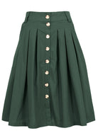 100% cotton button through skirt with box pleats, belt loops and pockets in plain jungle green