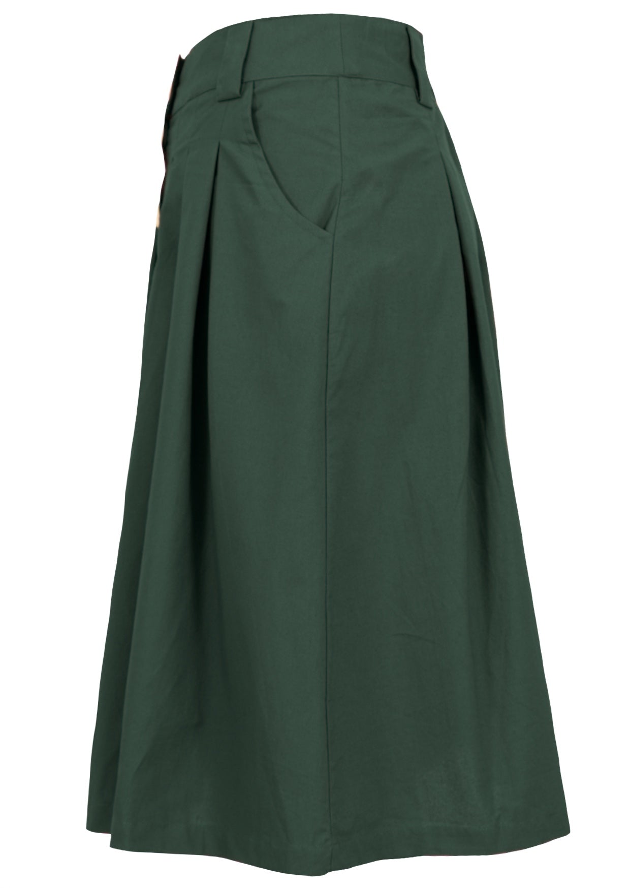 Side view of knee length button through cotton skirt in jungle green with belt loops and pockets