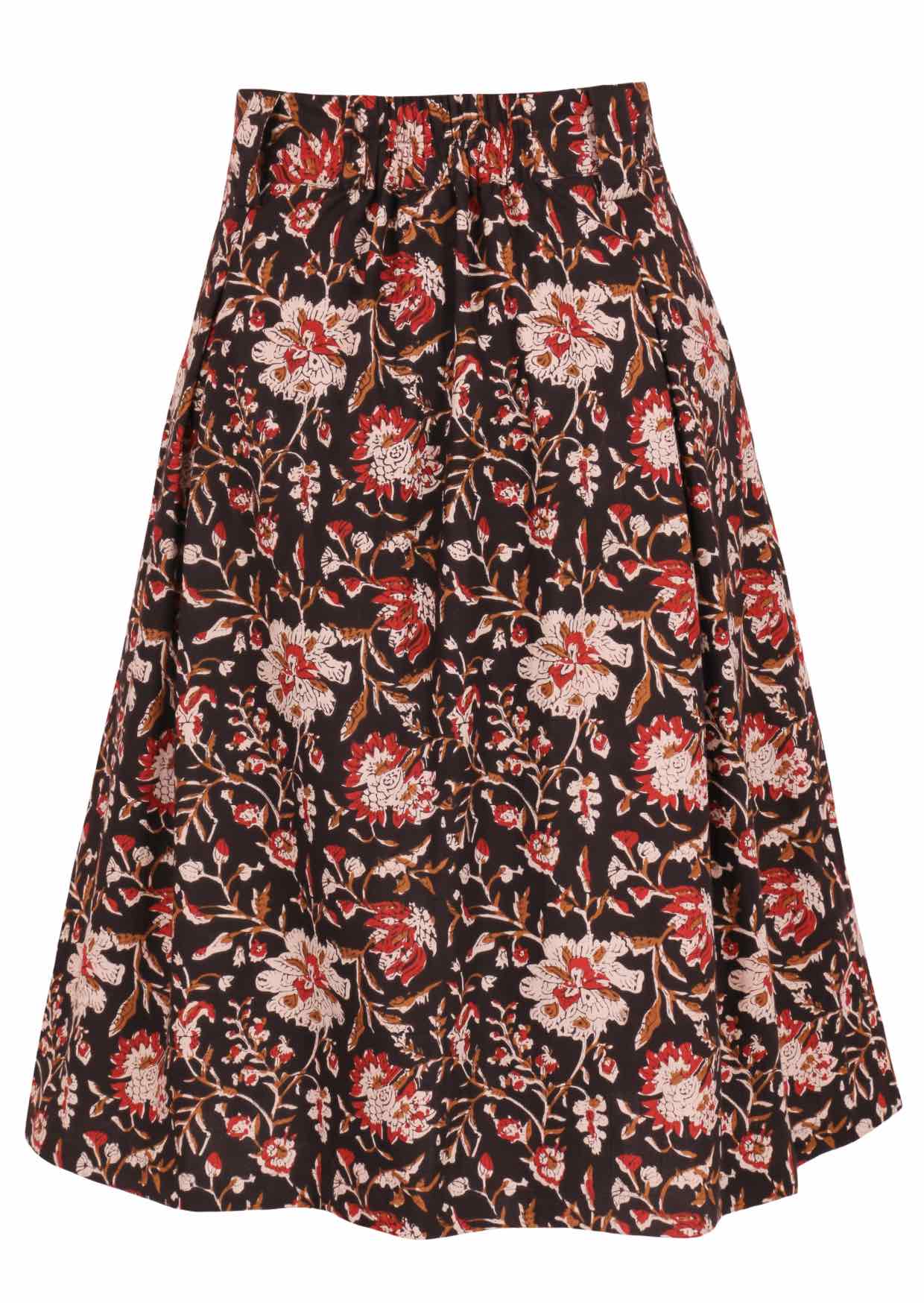 Floral printed knee length cotton skirt with belt loops and elastic at back of the waist