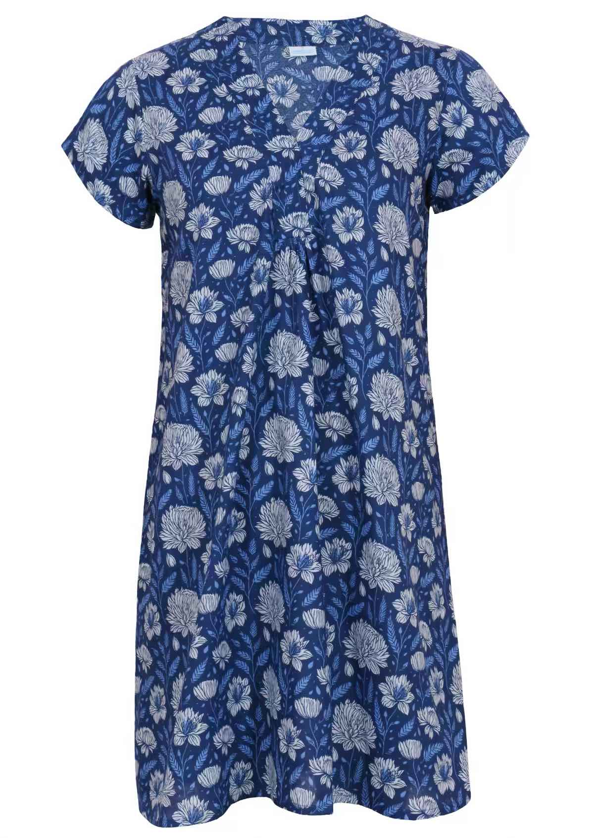 Front mannequin photo of cotton tunic dress with short sleeves in light blue and white floral print