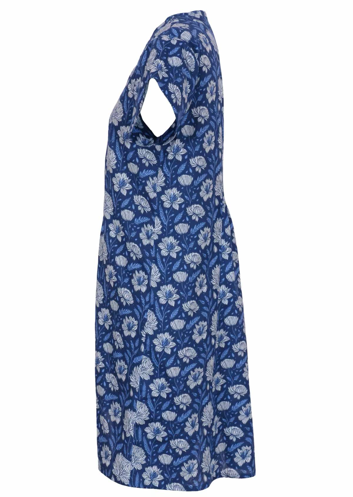 Side mannequin photo of cotton tunic dress with light blue and white floral design