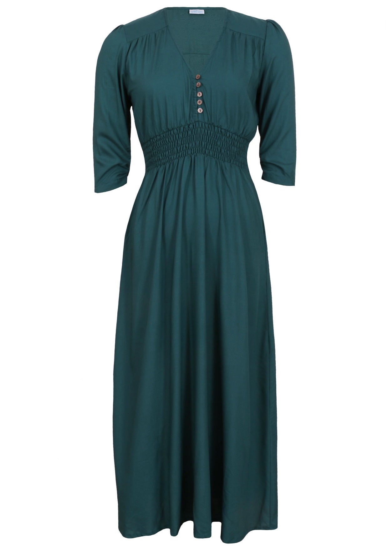 Teal rayon maxi dress with button details on the bodice and ruched waistband