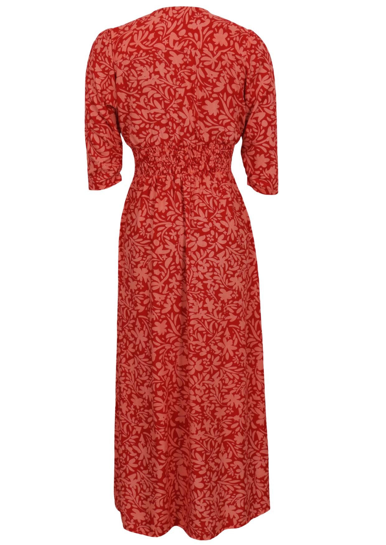 Rayon maxi dress with 3/4 sleeves and ruched waistband in red and coral floral print