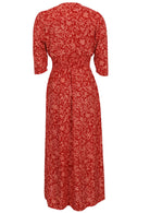 Rayon maxi dress with 3/4 sleeves and ruched waistband in red and coral floral print