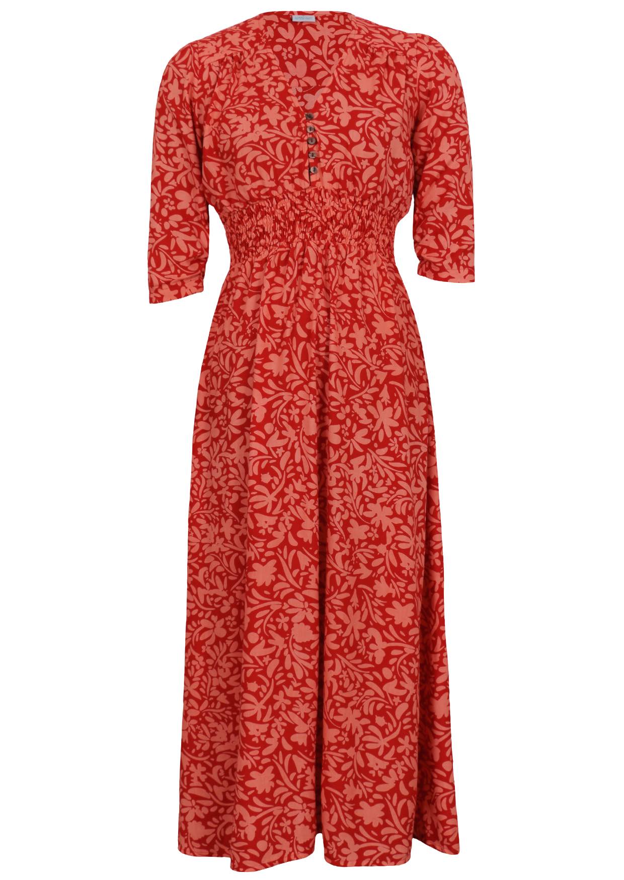 Rayon maxi dress with buttoned bodice, 3/4 sleeves and ruched waistband in red and coral floral print