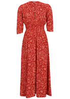 Rayon maxi dress with buttoned bodice, 3/4 sleeves and ruched waistband in red and coral floral print