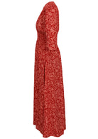 Rayon maxi dress with 3/4 sleeves and ruched waistband in red and coral floral print