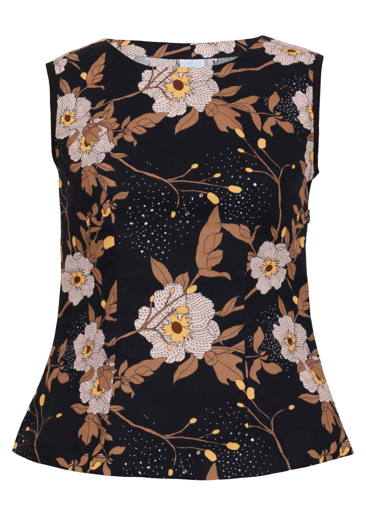 Front view of sleeveless cotton top with black based floral print