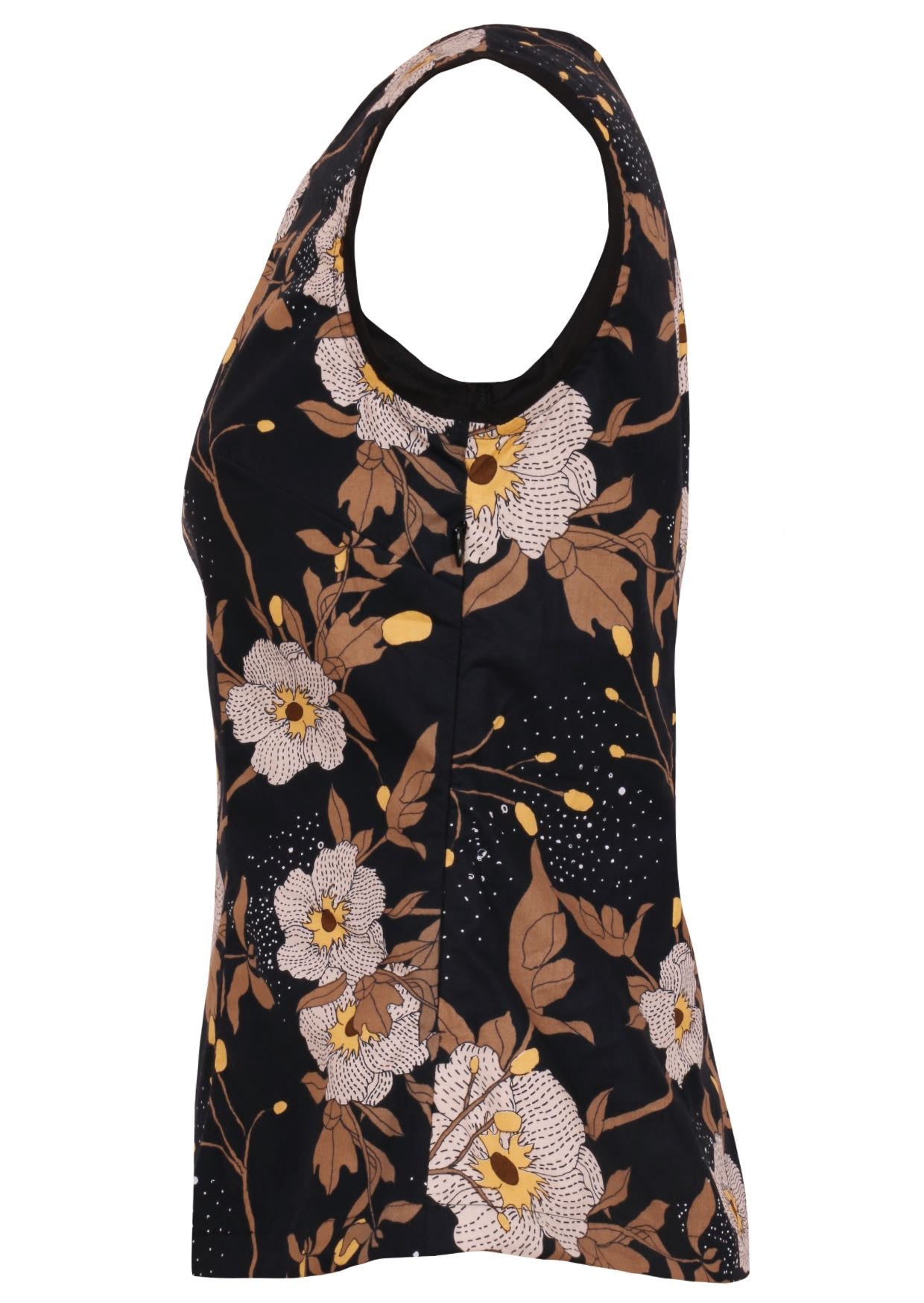 Side view of sleeveless cotton top with a hidden side zip in black based floral print