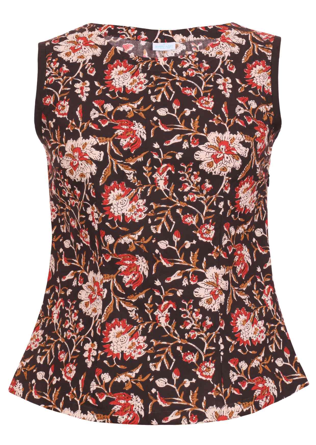 Floral print sleeveless fitted cotton top with black bias trim around the arm holes