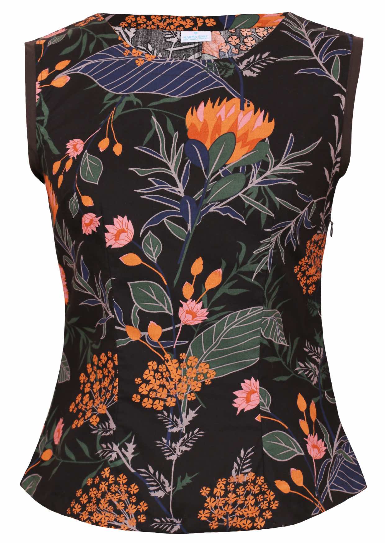 Sleeveless cotton top with a green, blue and orange floral print on a black background