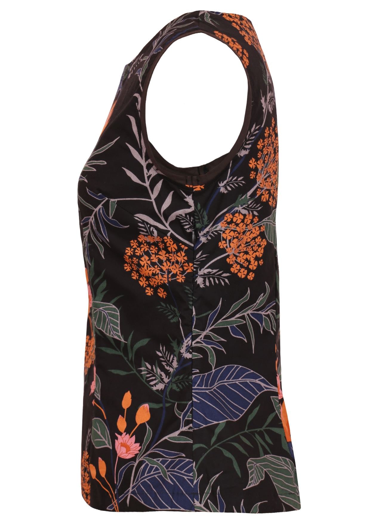 Sleeveless cotton top with a green, blue and orange floral print on a black background, with a hidden side zip