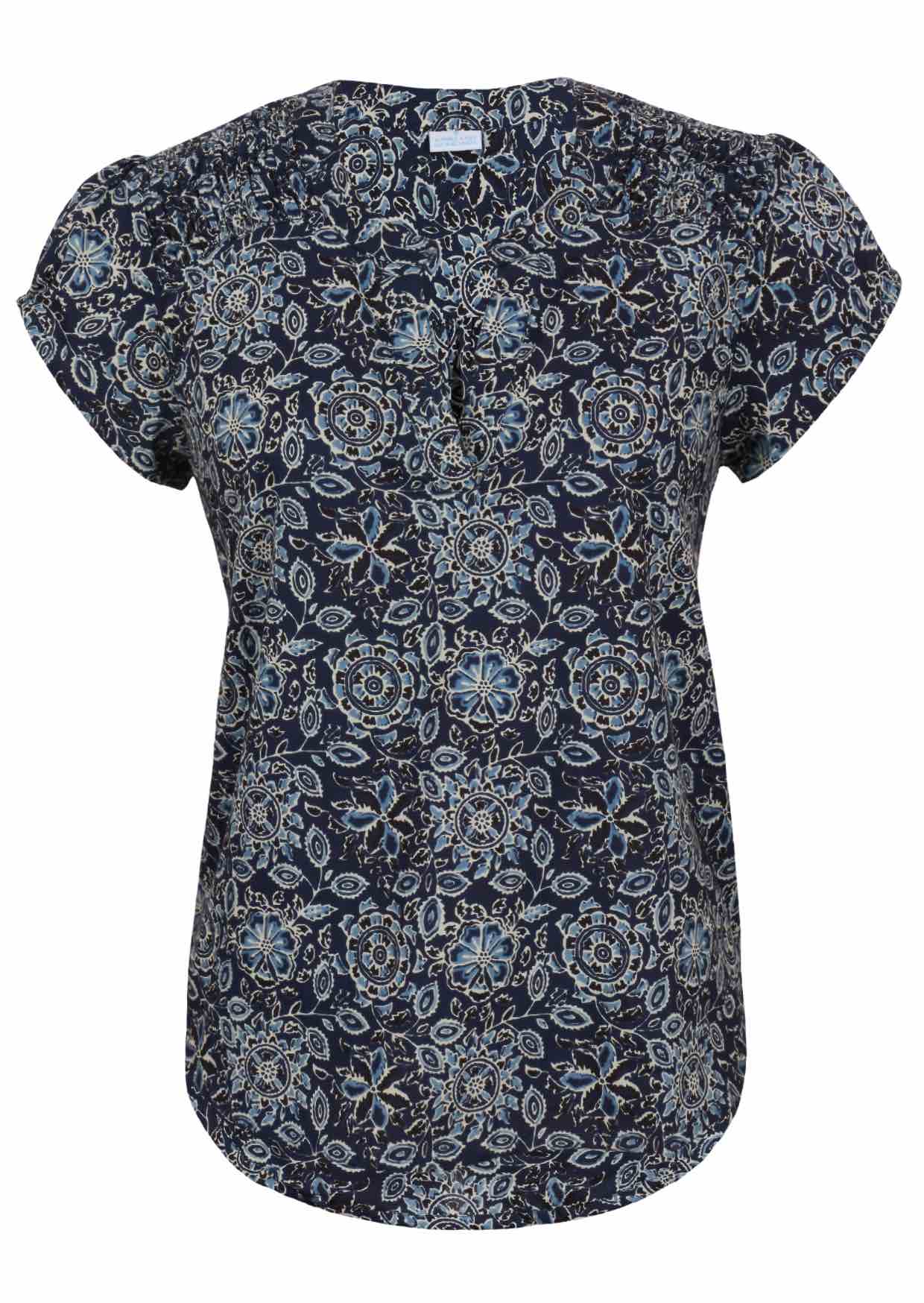 Navy blue based floral print cotton top with V-neckline on a white background.