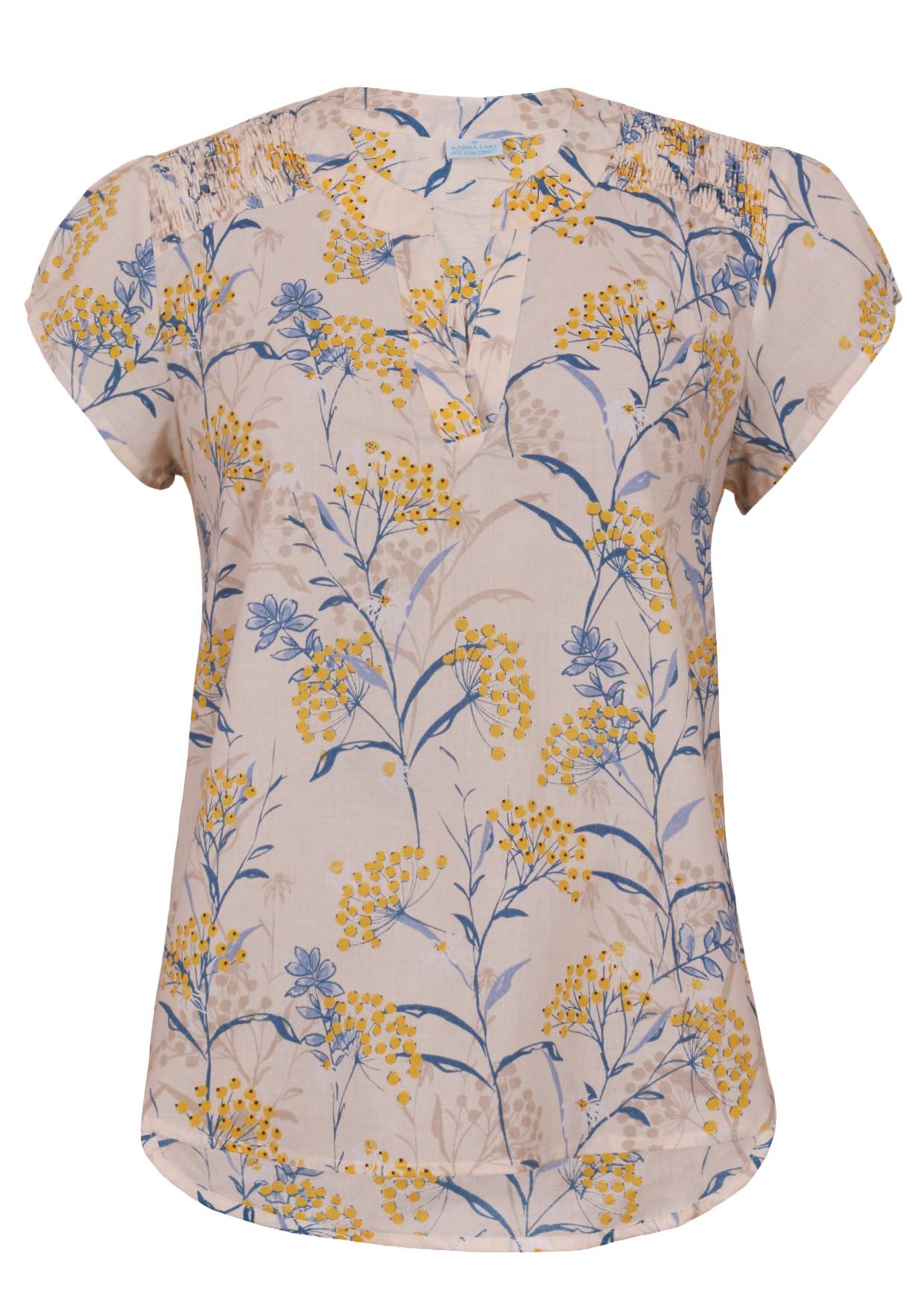 Neutral based blue and golden floral print cotton top with V-neckline on a white background.